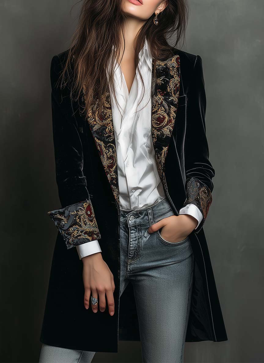 Veste blazer ajustée à manches longues Danoir Paris Léontine avec imprimé baroque noir, élégante et sophistiquée.