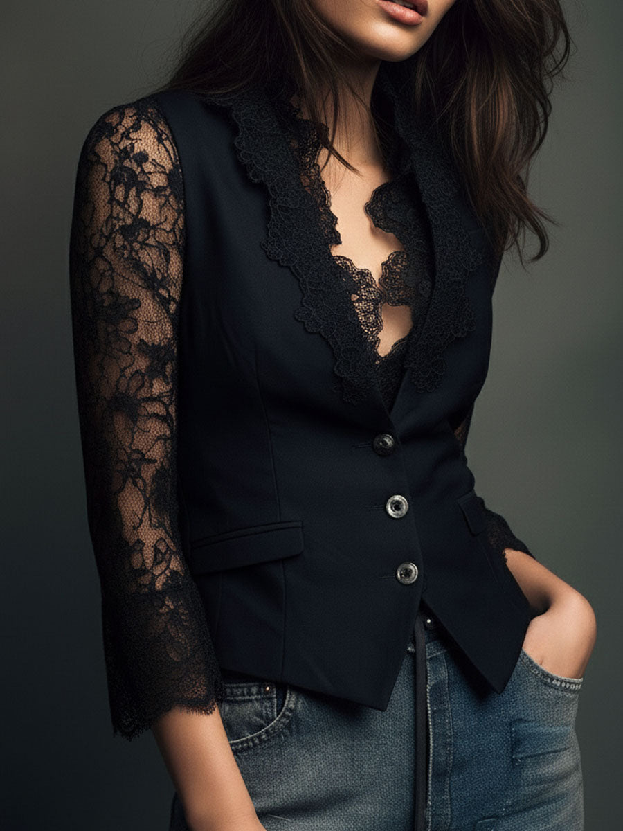 Veste blazer noire Noémie Danoir Paris avec manches semi-transparentes, coupe élégante et détails sophistiqués pour femme.