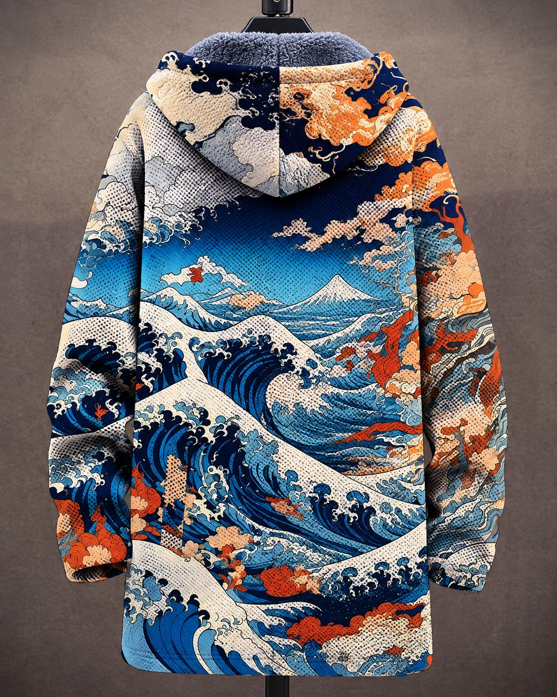 Veste à capuche Danoir Paris Art Océan Céleste en tissu léger avec motif artistique bleu et blanc, vue de face.