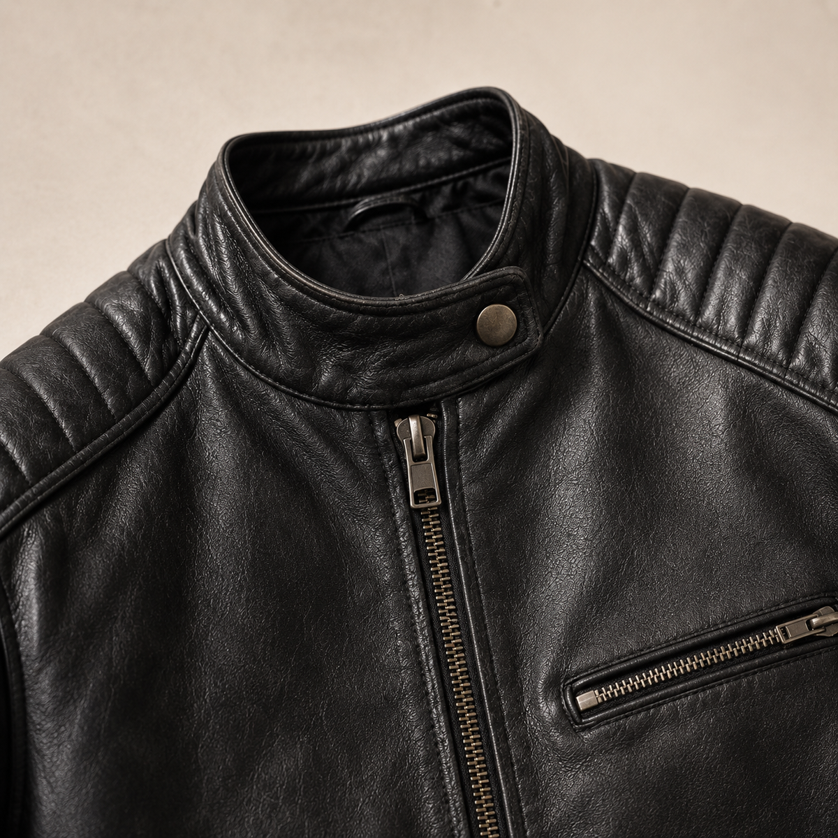 Veste en cuir Colt Maddox de Danoir Paris, vue de face avec détails en cuir marron et coupe élégante.