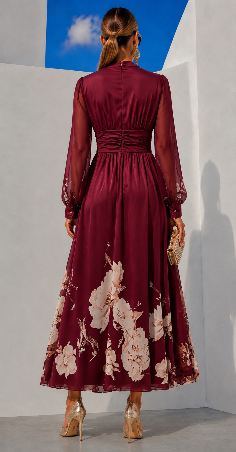 Robe Nadia en chiffon imprimé par Danoir Paris, trois motifs, tailles 34 à 48, vue de face avec détails du tissu léger et coloré.