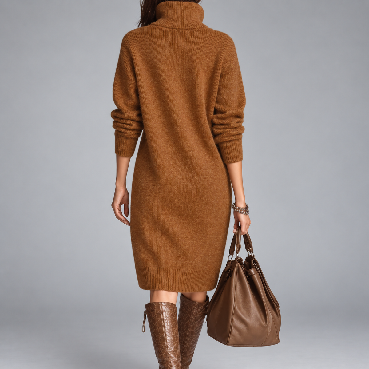 Robe sophistiquée Danoir Paris Elyon en tricot brun vue de dos, détail élégant et texture douce visible sur l'image.