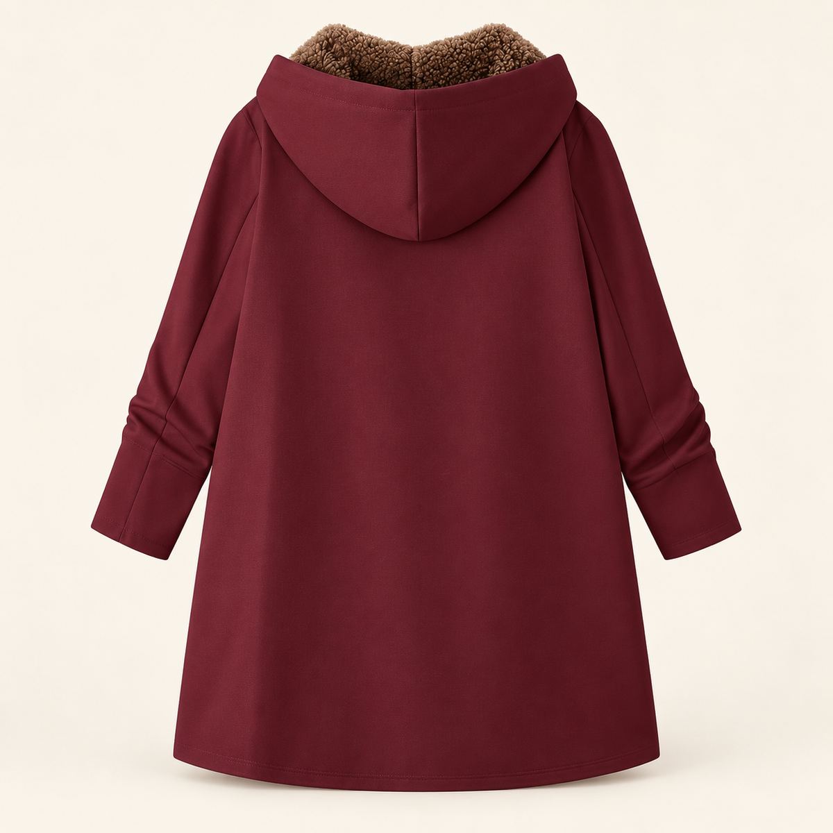 Manteau à capuche Danoir Paris Evelyn en sherpa douillet bordeaux avec doublure marron, vue de face.