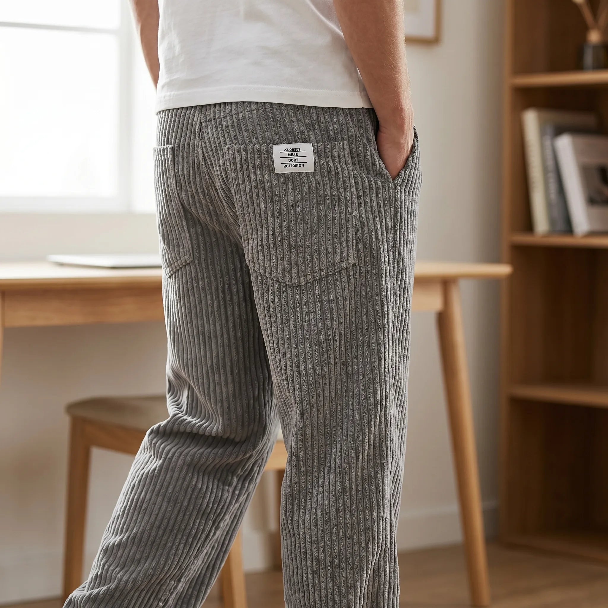Pantalon en velours côtelé Adriano pour homme, taille élastique, couleur neutre, de la marque Danoir Paris, vue de face.