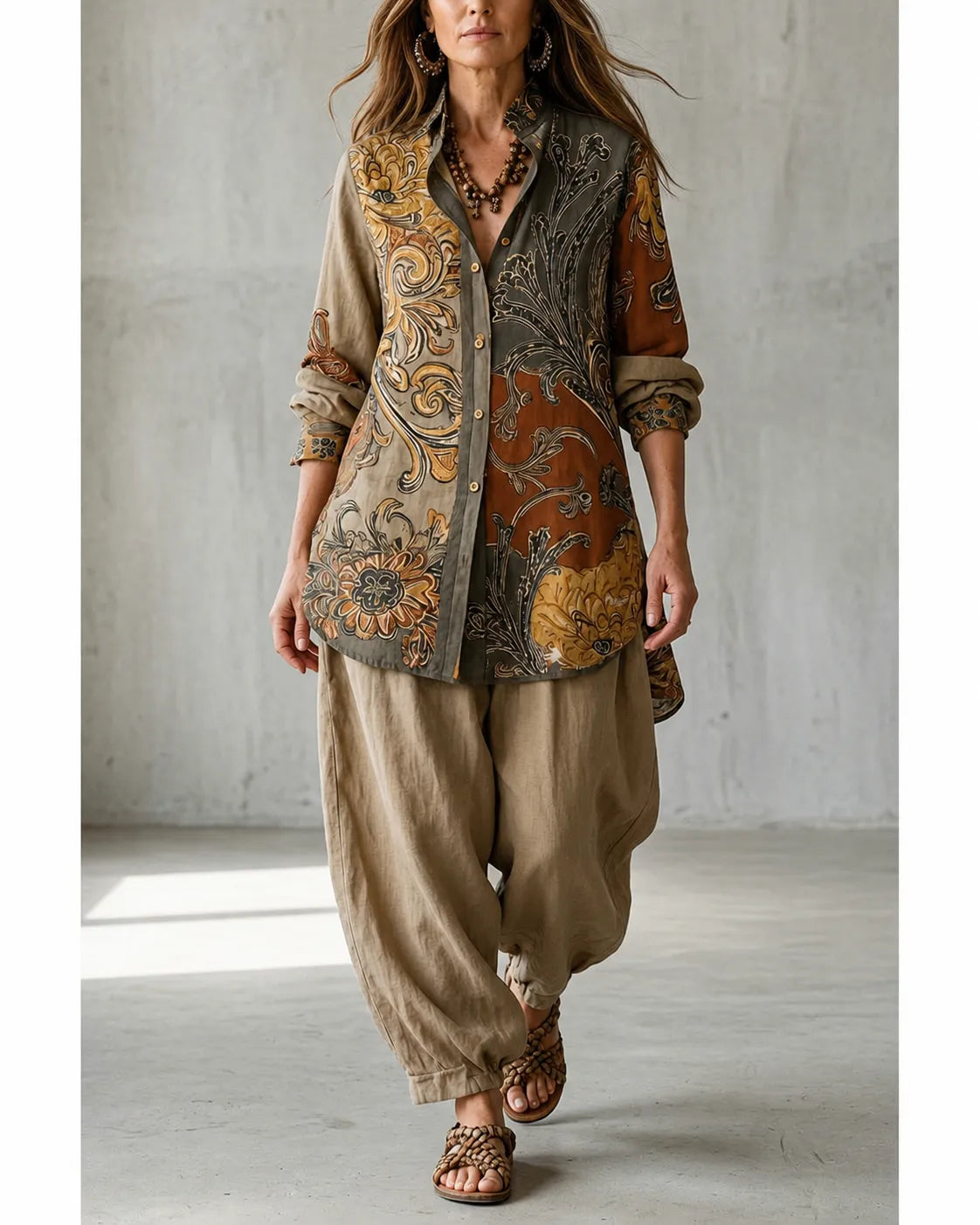 Ensemble vintage détendu Serafina de Danoir Paris, tenues décontractées avec motifs élégants, parfaits pour un style chic et confortable.