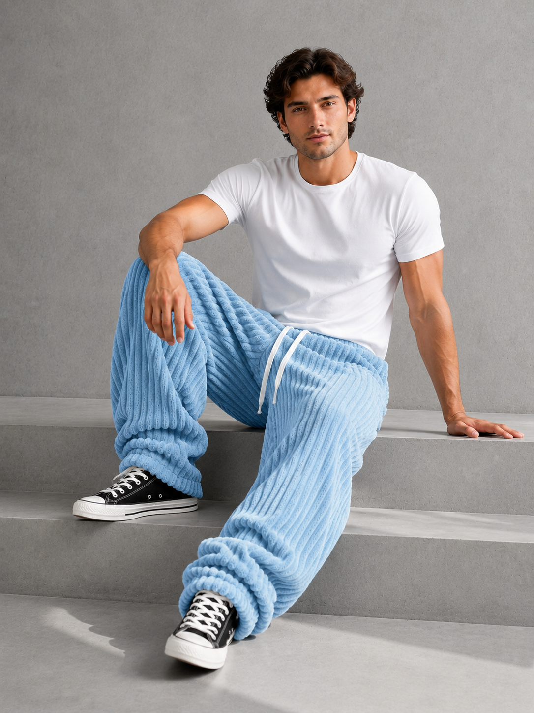Pantalon Rowan de Danoir Paris en tissu léger, coupe droite, couleur beige, porté avec un haut blanc, visible de face.