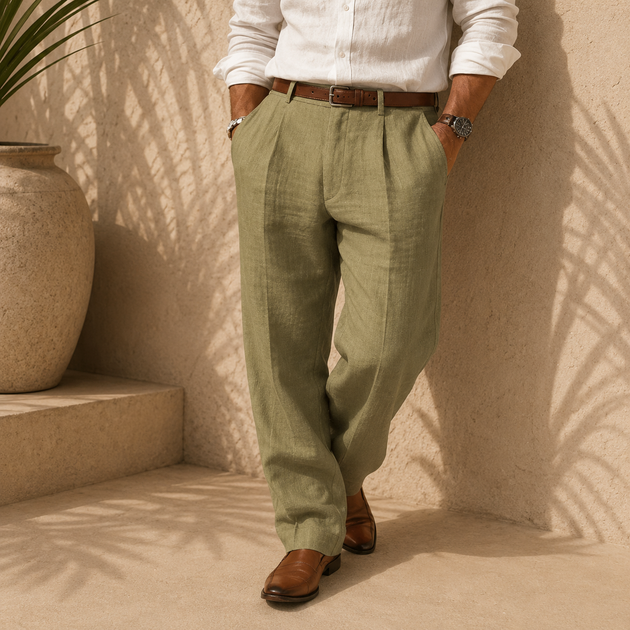Pantalons sartoriaux en lin Corsaro de Danoir Paris, coupe élégante, tissu léger en lin, parfait pour un style sophistiqué.