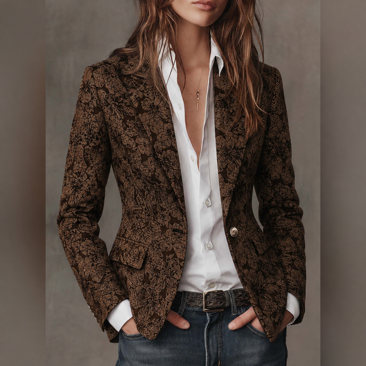 Blazer jacquard cachemire ajusté Estelle de Danoir Paris avec manches longues, élégance et confort, look sophistiqué.