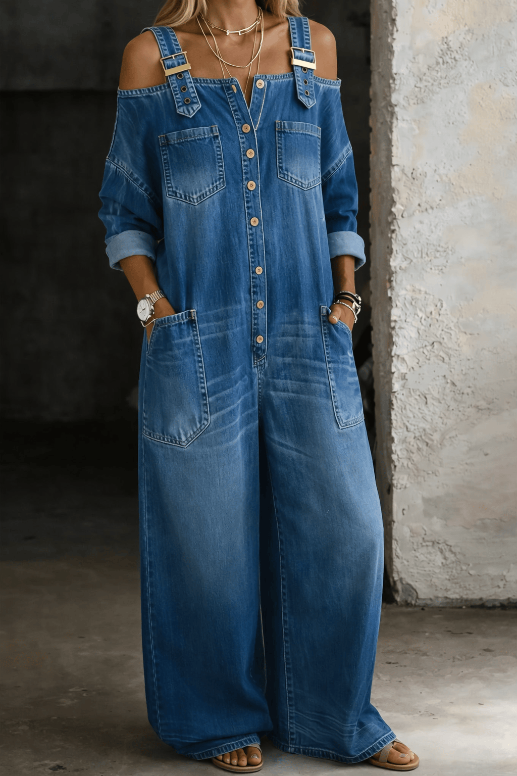 Combinaison en denim Sophia de Danoir Paris avec épaules dénudées, style tendance et coupe ajustée, vue de face.