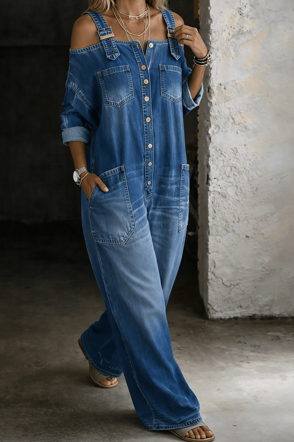 Combinaison en denim Sophia de Danoir Paris avec épaules dénudées, coupe élégante et détails modernes, vue de face.