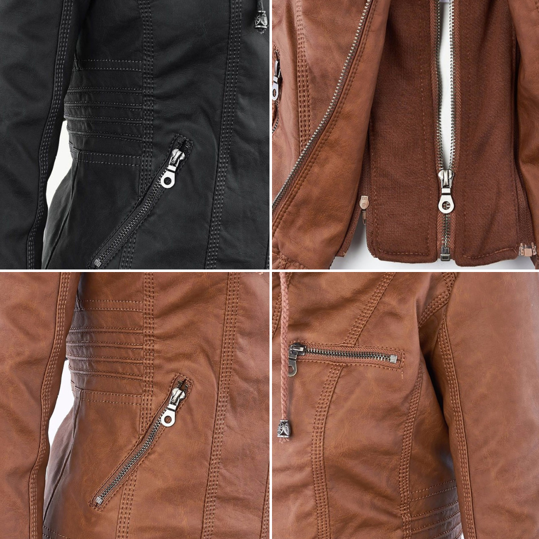 Veste de moto à capuche Callista de Danoir Paris, veste en tissu avec fermeture éclair, détails de design modernes.