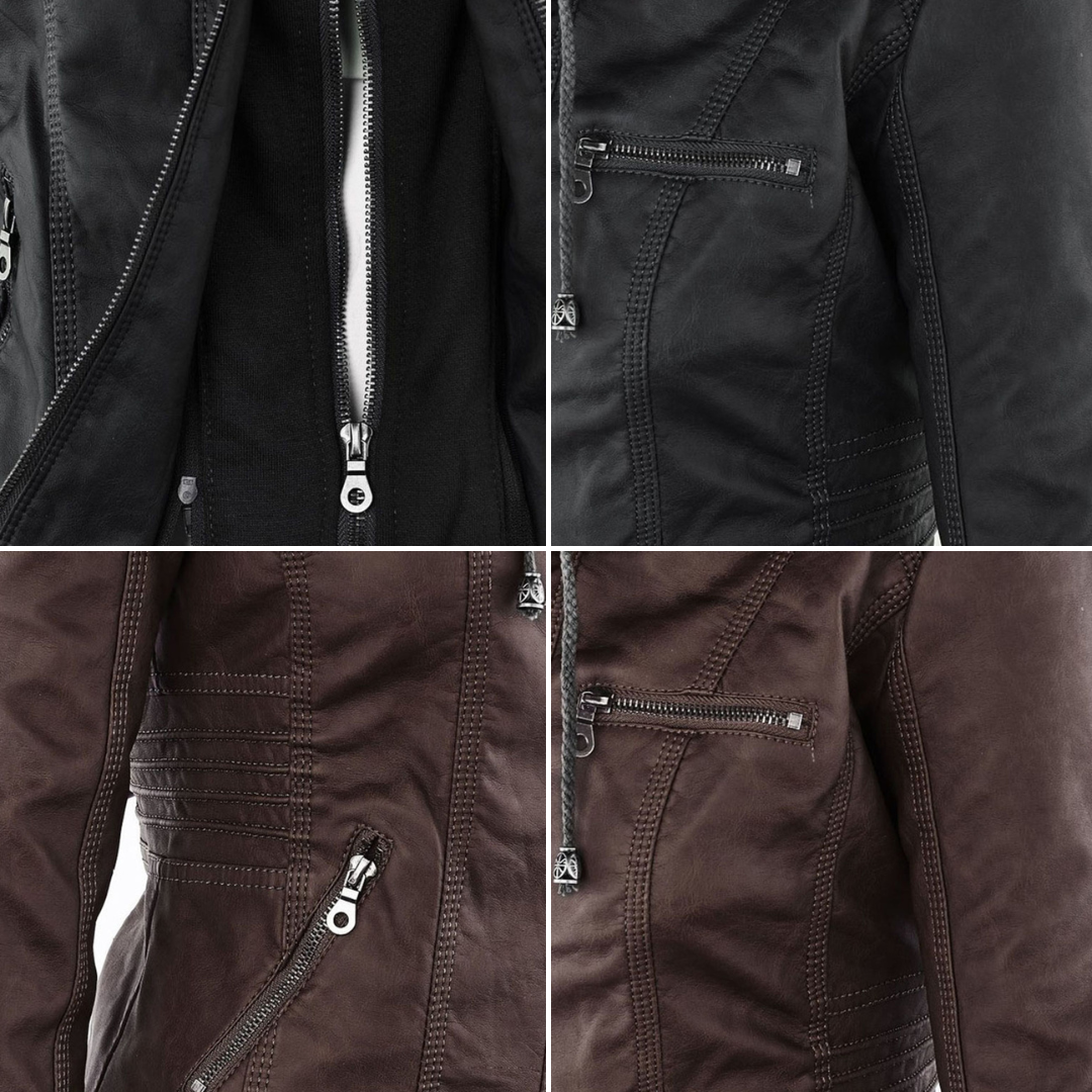 Veste de moto à capuche Callista de Danoir Paris, veste en tissu noir avec fermeture éclair et détails stylés.