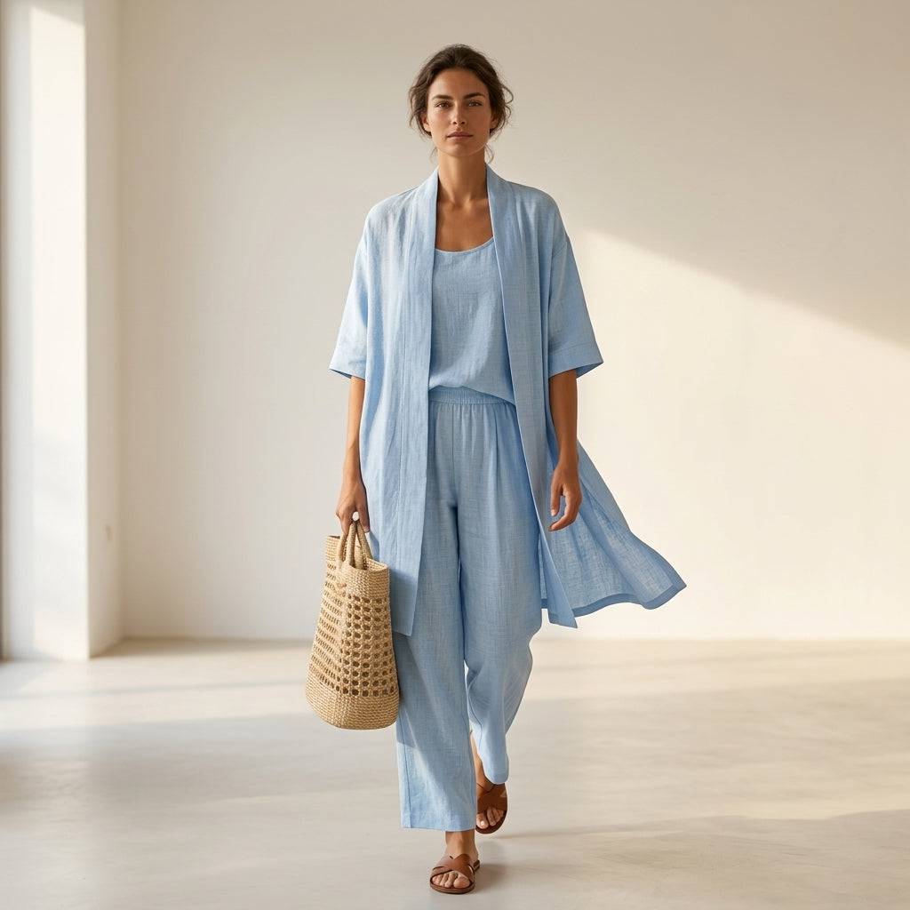 Ensemble en lin élégant et sophistiqué Isabela™ de Danoir Paris, vêtement en tissu léger avec détails modernes.