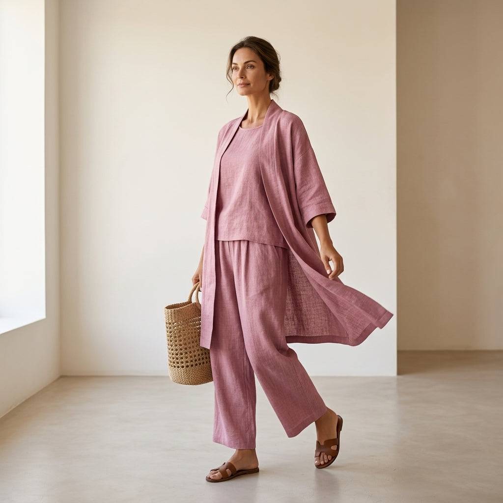 Ensemble en lin élégant et sophistiqué Isabela™ de Danoir Paris, comprenant une chemise et un pantalon dans un style minimaliste.