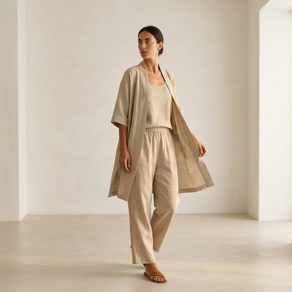 Ensemble en lin élégant d'Isabela™ par Danoir Paris, vêtement minimaliste avec détails sophistiqués, vue de face.