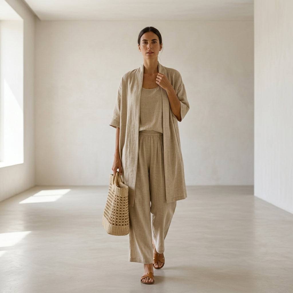 Ensemble en lin élégant et sophistiqué Isabela™ de Danoir Paris, vêtement minimaliste avec détails raffinés.