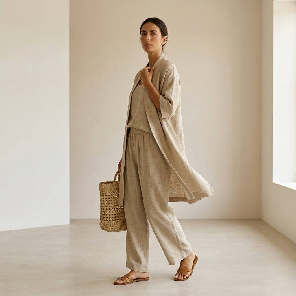 Ensemble en lin élégante et sophistiquée Isabela™ de Danoir Paris, vêtement minimaliste avec détails raffinés.