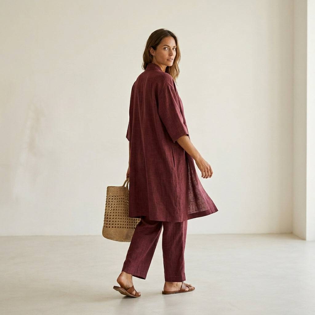 Ensemble en lin élégant et sophistiqué Isabela™ de Danoir Paris, mettant en valeur la texture et la coupe du vêtement.