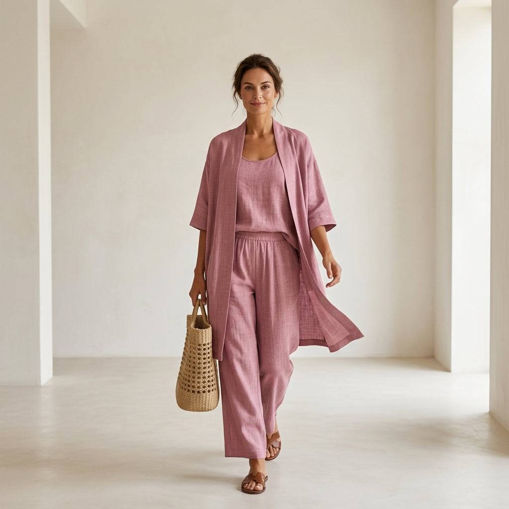 Vêtement en lin élégant Isabela™ de Danoir Paris, ensemble sophistiqué avec tissu léger et design minimaliste.
