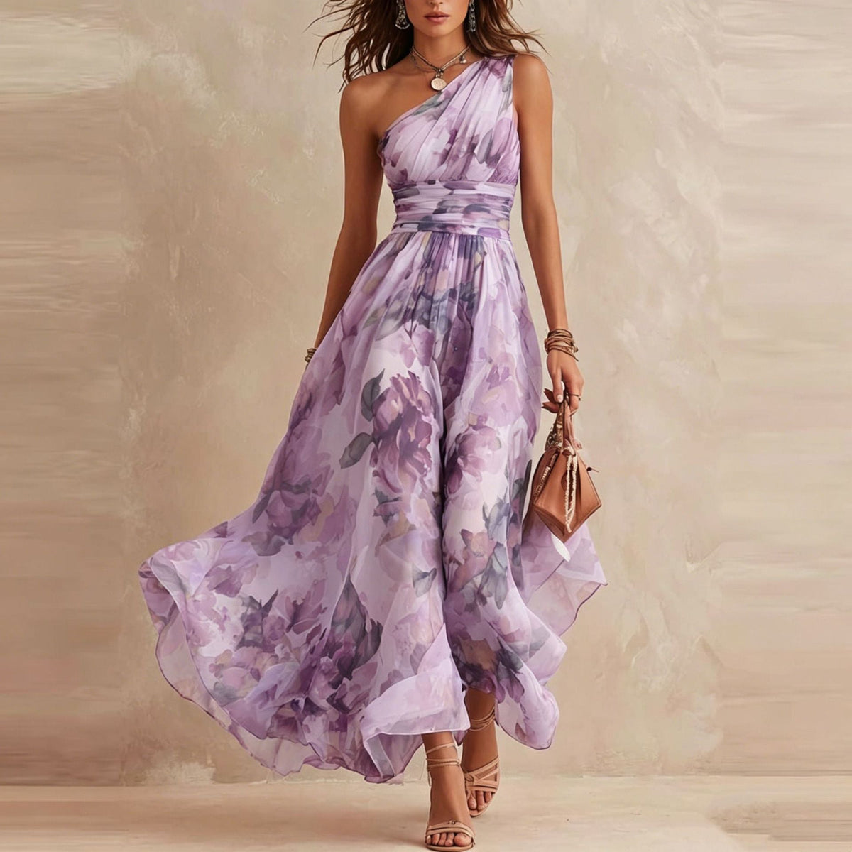 Robe longue femme Aurora Danoir Paris avec épaules dénudées et motif floral, vue en détail dans l'image.