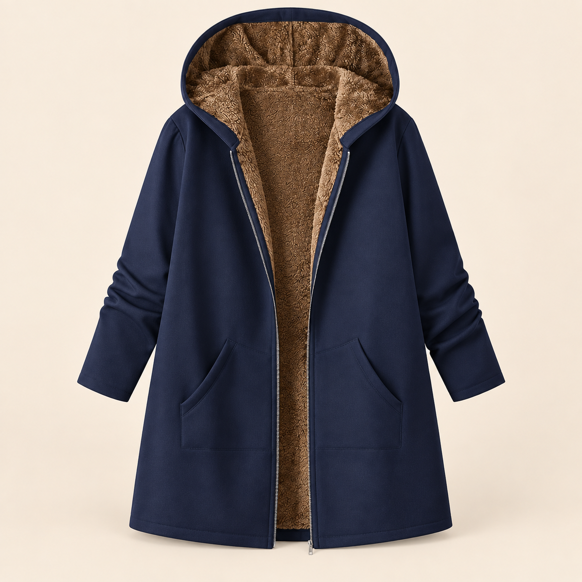 Manteau à capuche Danoir Paris Evelyn™ en sherpa bleu foncé avec doublure marron, veste chaude et confortable pour l'hiver