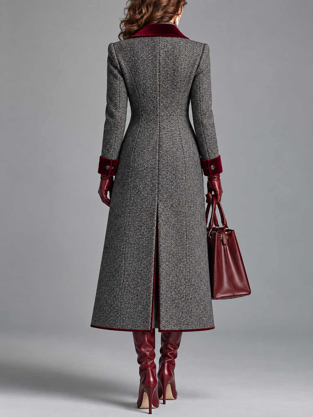 Manteau long en laine à chevrons avec finition en velours, élégant, de la marque Danoir Paris, couleur bordeaux.