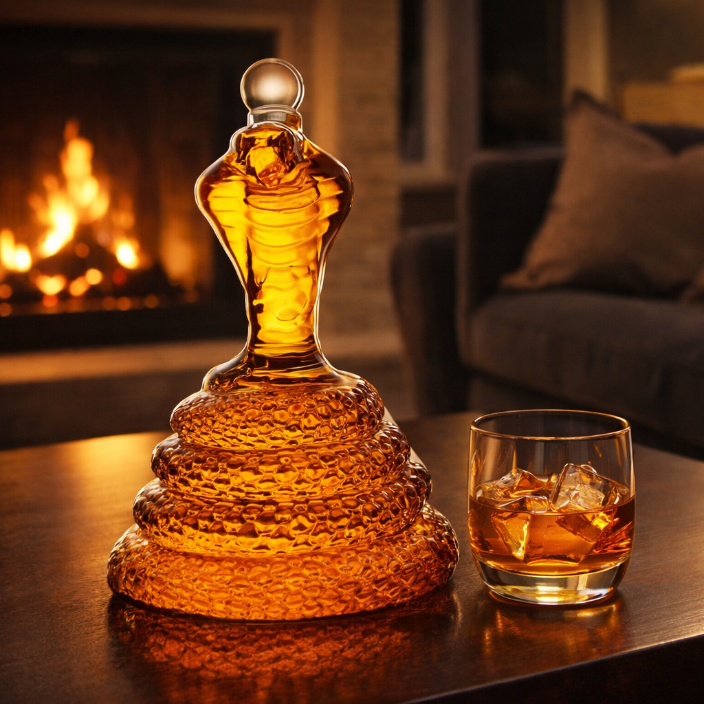 Flasque à whisky Danoir Paris Cobra Edition, bouteille de whisky édition spéciale avec design serpent, vue de face.