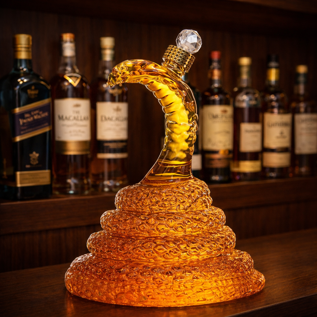 Flasque à whisky Danoir Paris Cobra Edition, bouteille en acier inoxydable avec motif cobra, design spécial et élégant.