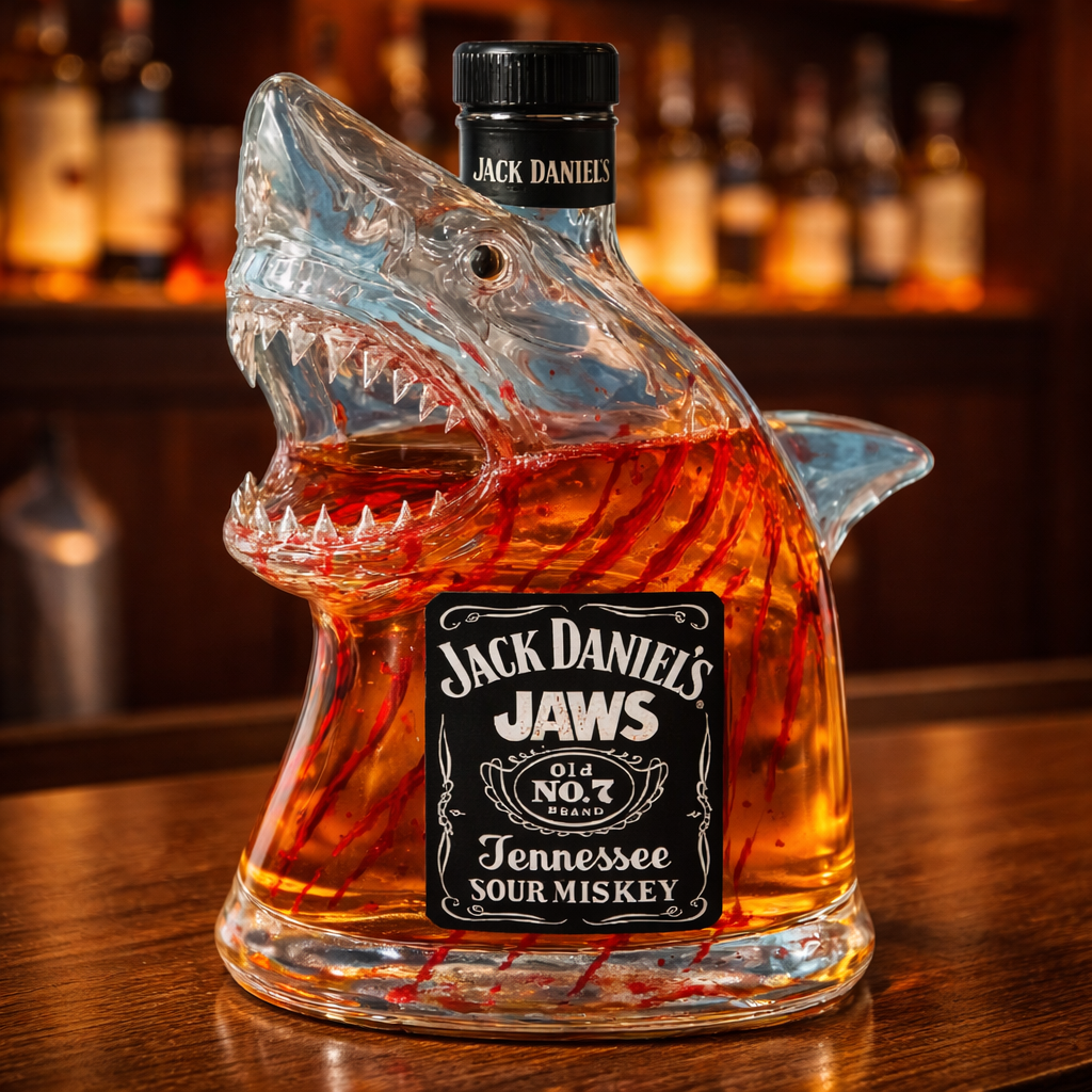 Flasque à whisky Danoir Paris édition Shark spéciale, bouteille en verre avec design de requin, pour stockage de spiritueux.