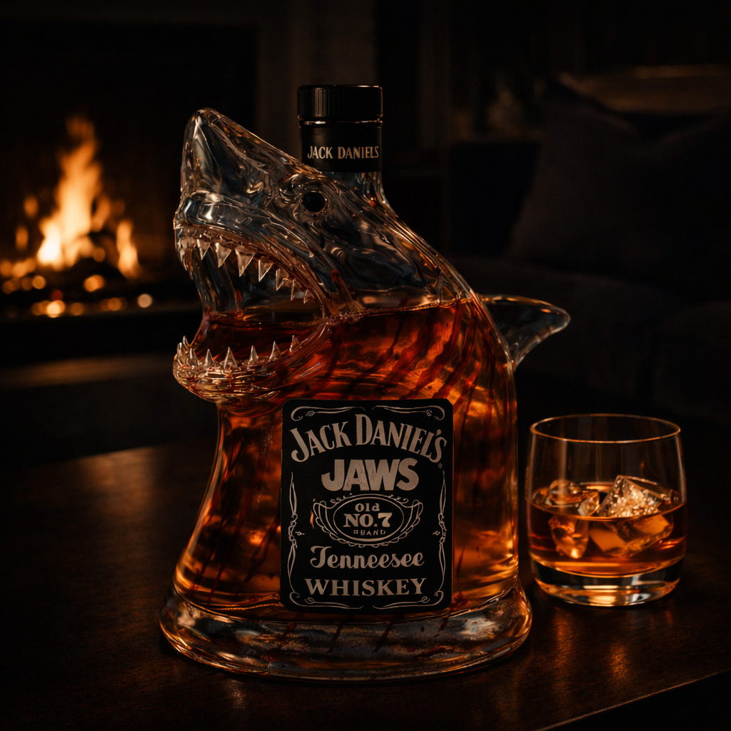 Flasque à whisky Danoir Paris édition spéciale requin avec design élégant, bouteille de whisky en arrière-plan.