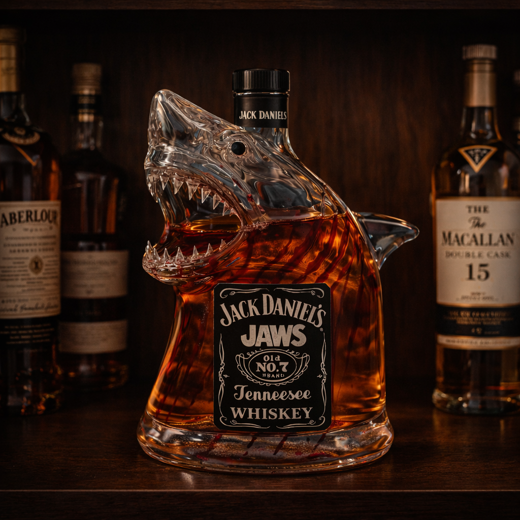Bouteille de whisky Shark Special Edition de Danoir Paris dans un flacon en forme de requin avec étiquette détaillée.