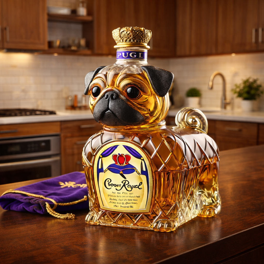 Flasque à whisky Danoir Paris en forme de bouledogue français, édition spéciale, avec détails artistiques visibles sur la bouteille