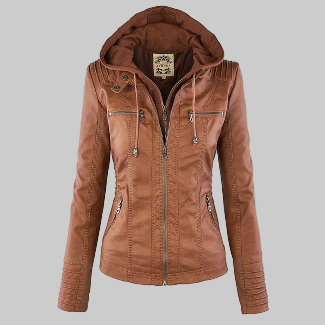 Veste de moto à capuche Danoir Paris Callista en kaki, coupe décontractée avec détails pratiques et style urbain.