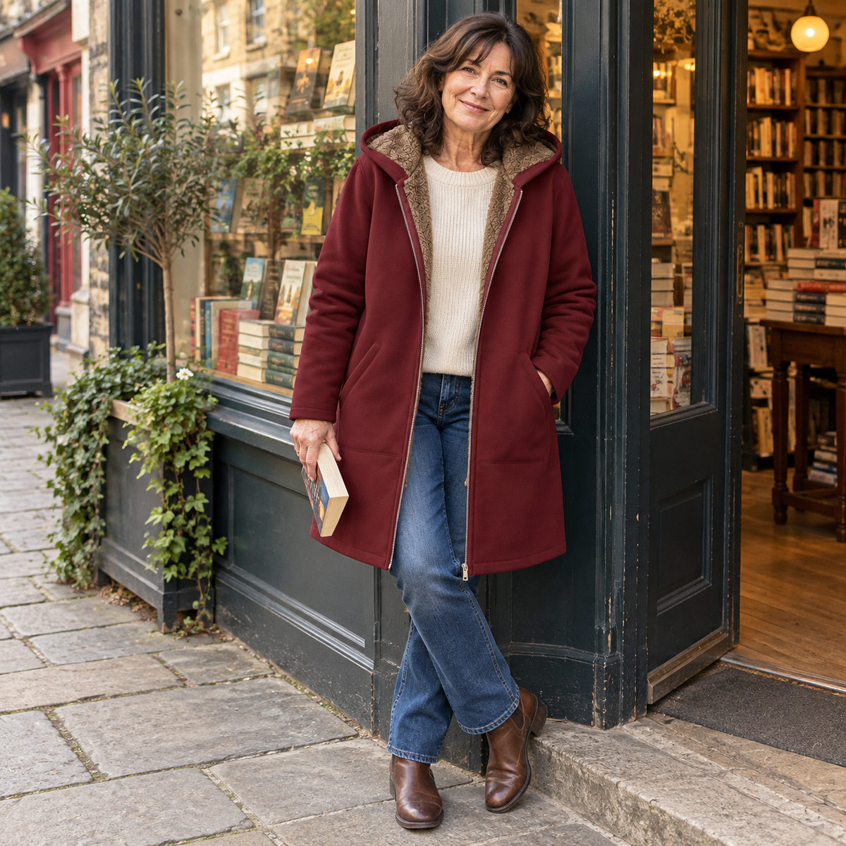 Manteau à capuche douillet Evelyn™ en sherpa de Danoir Paris, porté, avec détails en tissu chaud et confortable.