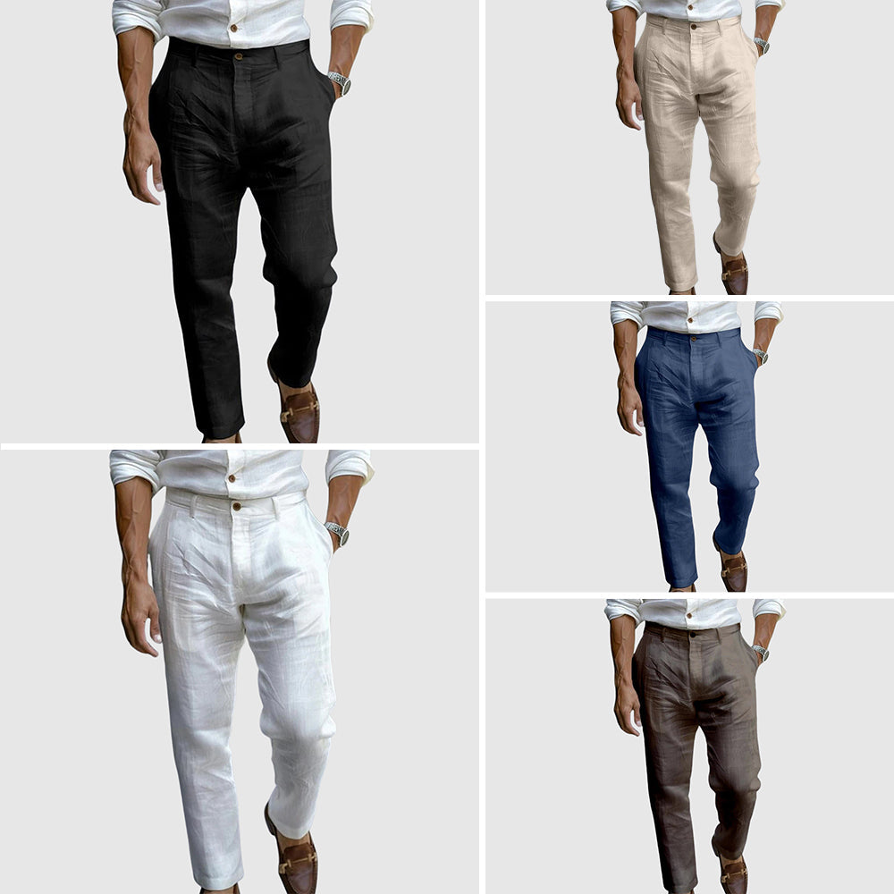 Pantalon en lin chic Saint-Tropez par Danoir Paris, homme, couleur claire, style estival et élégant, porté avec une chemise blanche.