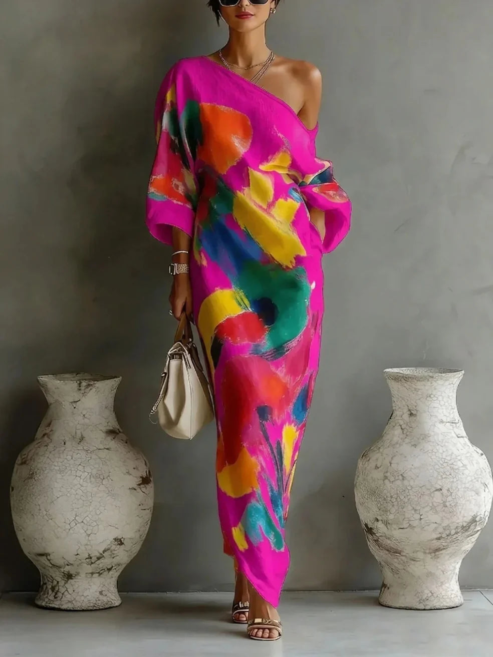 Robe longue Danoir Paris THEA maxi dress en tissu fluide avec décolleté et manches longues, portée élégante et sophistiquée.