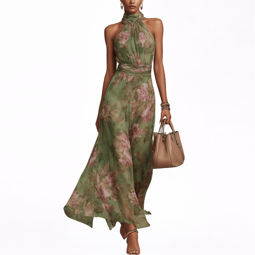 Robe longue florale Danoir Paris Livia | Abito Maxi Halter Floreale avec motif coloré et décolleté halter.