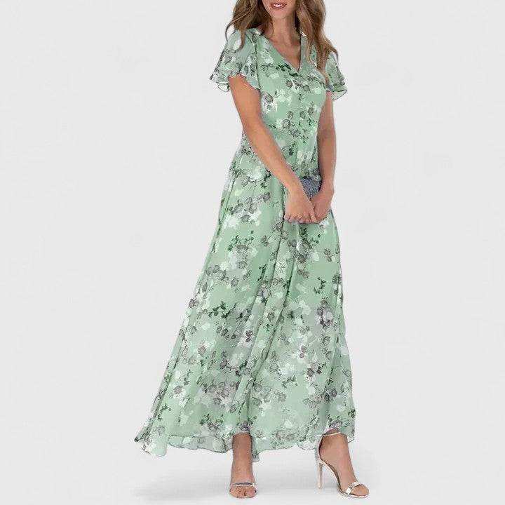 Robe maxi Evelyn de Danoir Paris, robe longue avec tissu fluide et détails élégants, portée décontractée ou habillée.
