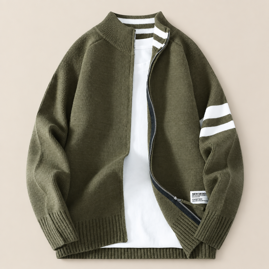 Cardigan en tricot rayé Arlo de Danoir Paris, vue en plan, avec col en V et manches longues, idéal pour un style chic et confortable.
