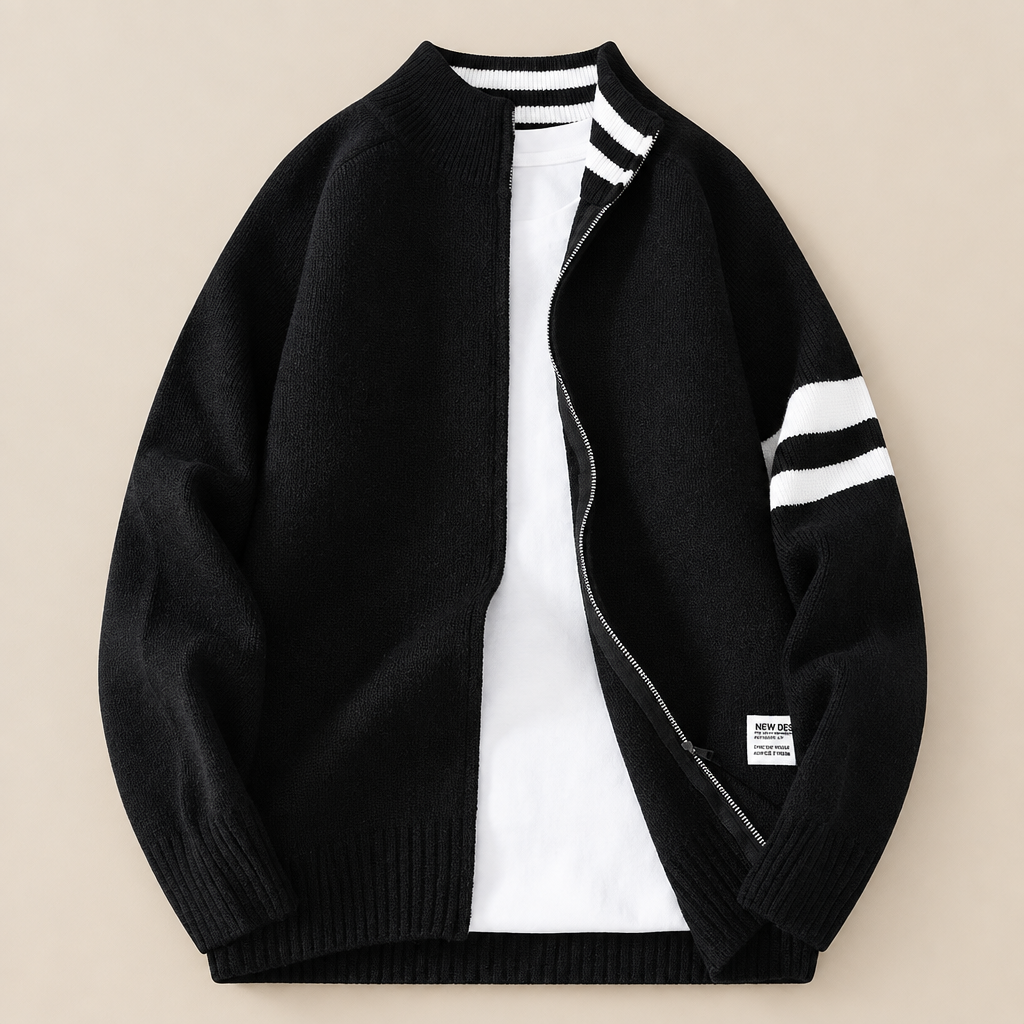 Cardigan en tricot rayé Arlo de Danoir Paris, vue en plan, avec col en V et manches longues, élégant et confortable.