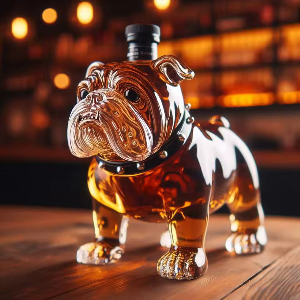 Bouteille de whisky Bulldog Danoir Paris, flasque à whisky en acier inoxydable avec design Bulldog visible dans l'image.