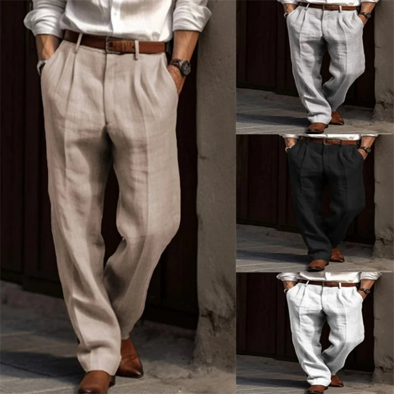 Pantalons sartoriaux en lin Corsaro Danoir Paris, coupe élégante et légère, en tissu beige avec détails soignés.
