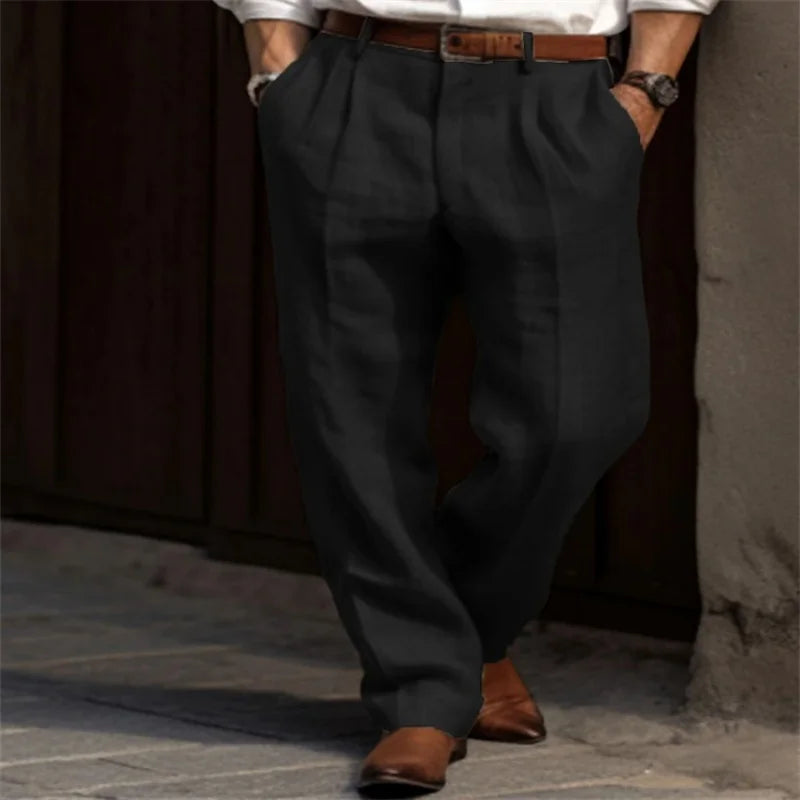 Pantalons sartoriaux en lin Corsaro de Danoir Paris, style élégant avec coupe raffinée et tissu léger en lin beige.