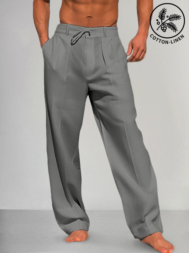 Pantalons droits Danoir Paris Torino en coton et lin, tissu léger, couleur gris clair, vue de face sur mannequin.