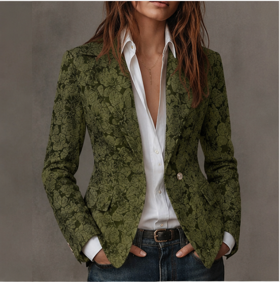Blazer ajusté à manches longues Danoir Paris Estelle en jacquard cachemire, motif élégant et sophistiqué.