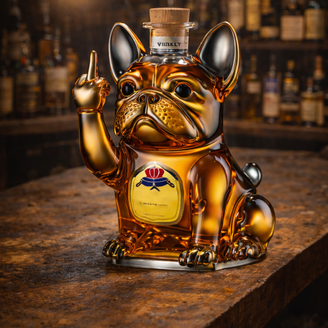 Flasque à whisky Danoir Paris en forme de chien, bouteille en acier inoxydable avec design ludique et détails réalistes.