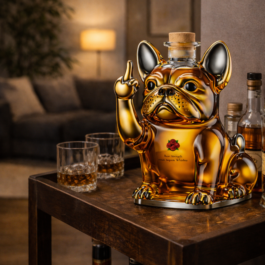 Flasque à whisky Danoir Paris en forme de chien, bouteille à whisky élégante et originale, design animal en métal brillant.