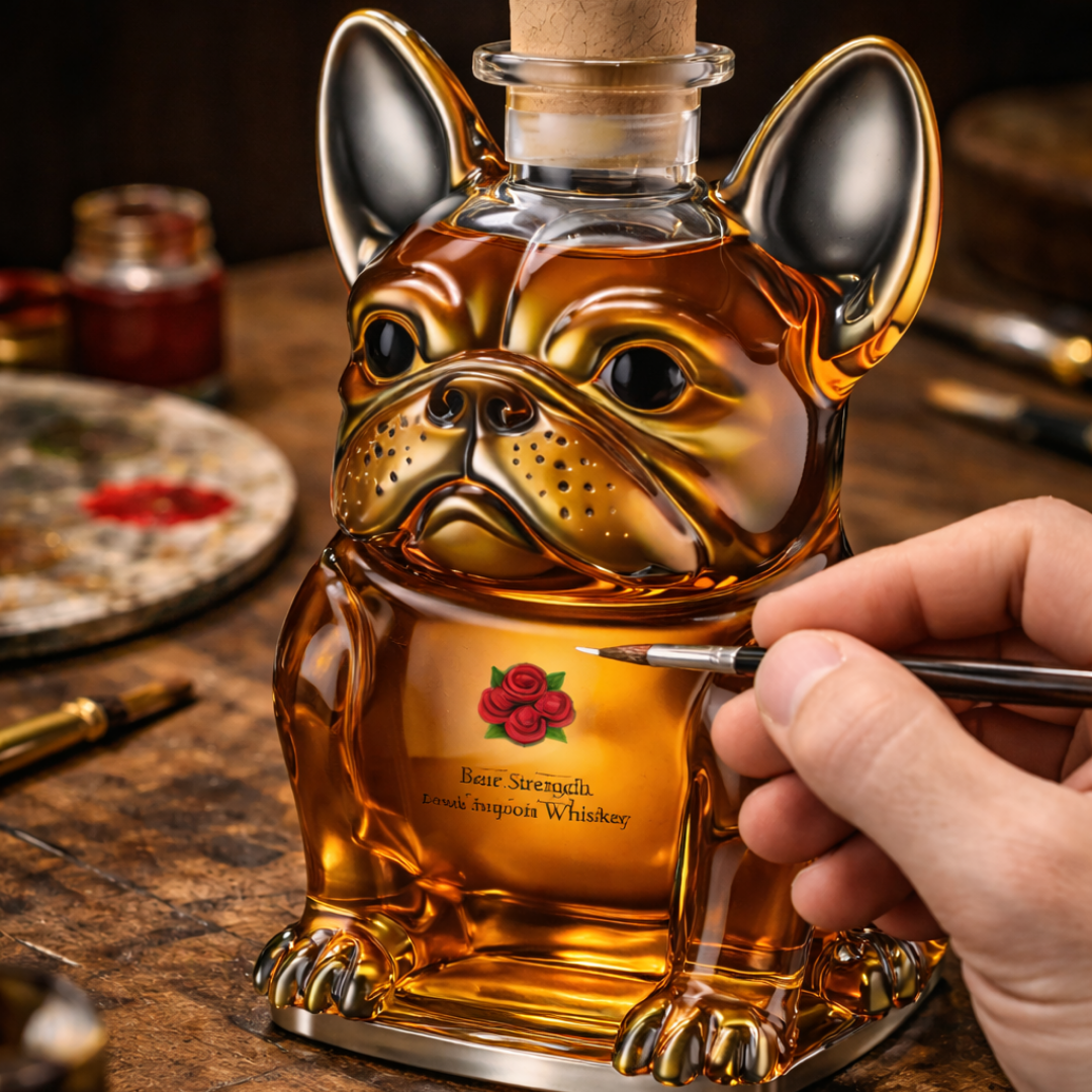 Flasque à whisky Danoir Paris en forme de chien, bouteille en métal avec design original, idéale pour les amateurs de whisky.