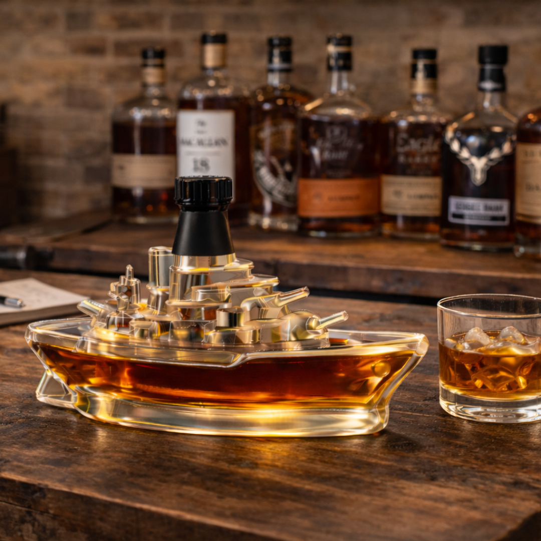 Flasque à whisky Danoir Paris version marine, bouteille en verre élégante avec capuchon, design inspiré par la mer.