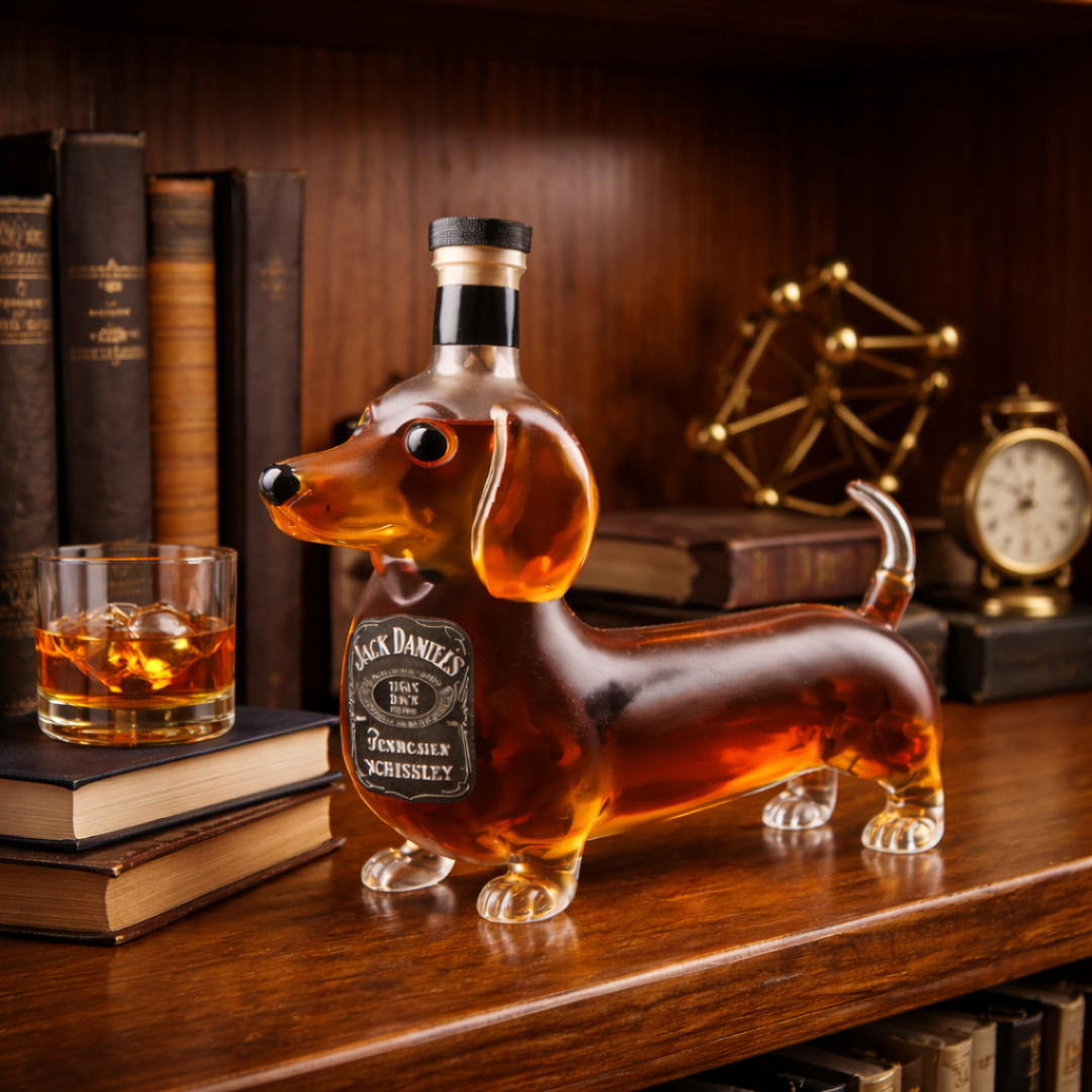 Flasque à whisky Danoir Paris Jack Daniel's Dachshund Edition, bouteille en métal avec design de chien teckel, pour collection ou usage.